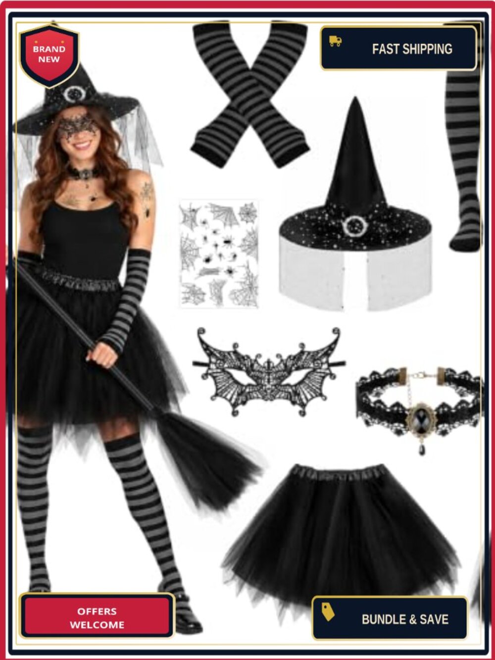 Witch Costume Set 8 Pcs Hat Tutu Broom Socks Gloves Mask Necklace